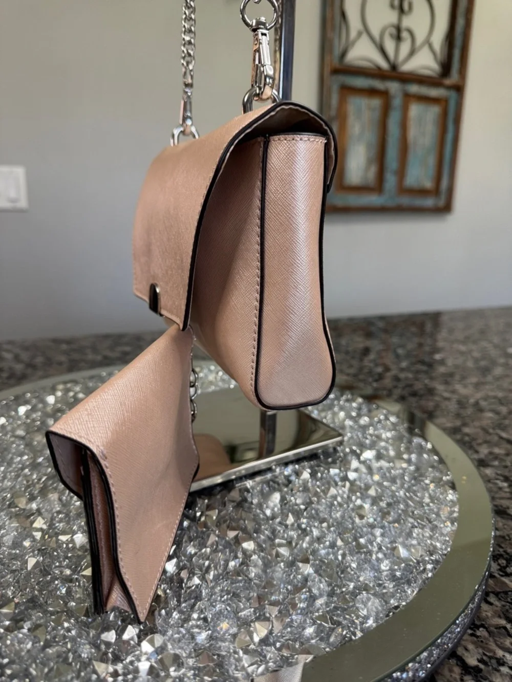 Nine West Rose Blush metallic Crossbody Bag with Matching Card Case NEW